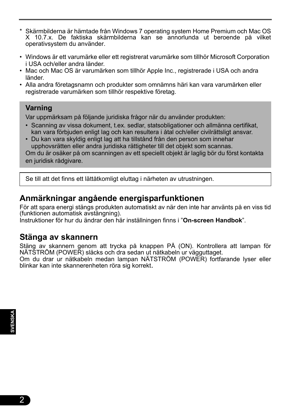 Anmärkningar angående energisparfunktionen, Stänga av skannern | Canon CanoScan 9000F MarkII User Manual | Page 80 / 135