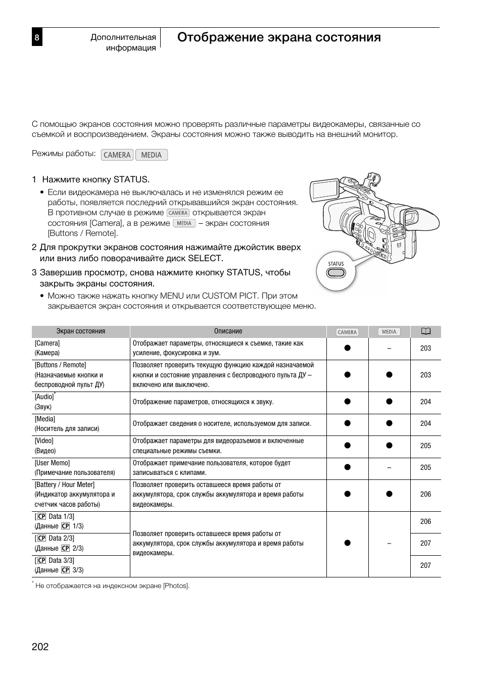 Отображение экрана состояния 202, Отображение экрана состояния | Canon XF305 User Manual | Page 202 / 232