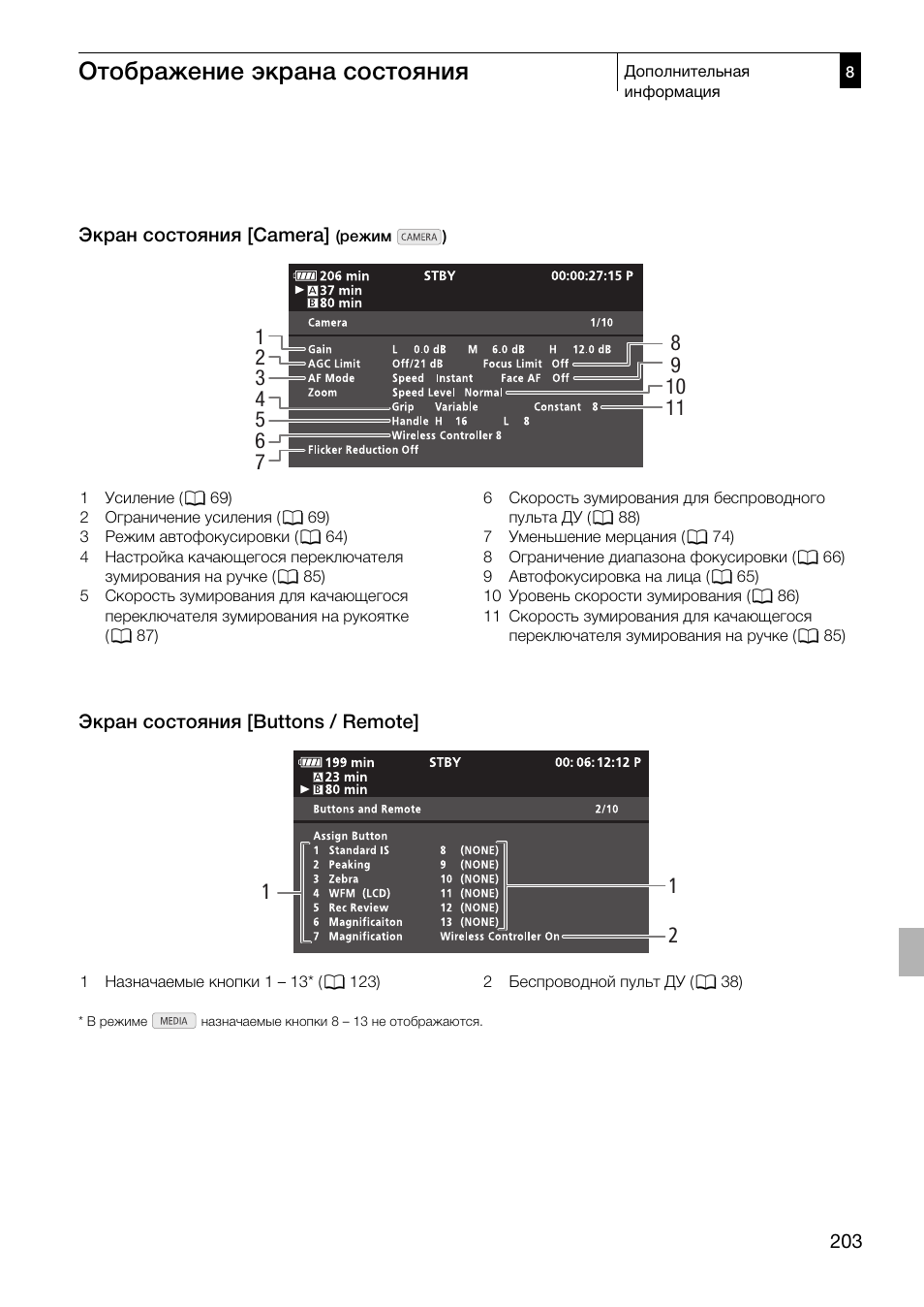 Отображение экрана состояния | Canon XF305 User Manual | Page 203 / 232