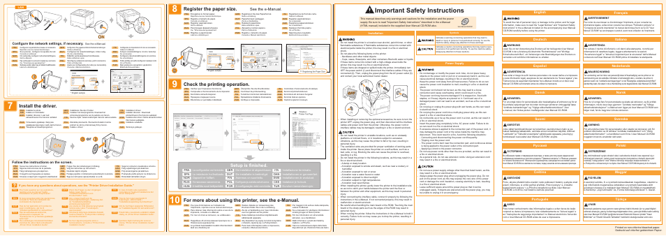 Important safety instructions, Setup is finished, See the e-manual | English, Follow the instructions on the screen, Français, Deutsch, Italiano, Español, Nederlands | Canon i-SENSYS LBP6780x User Manual | Page 2 / 2