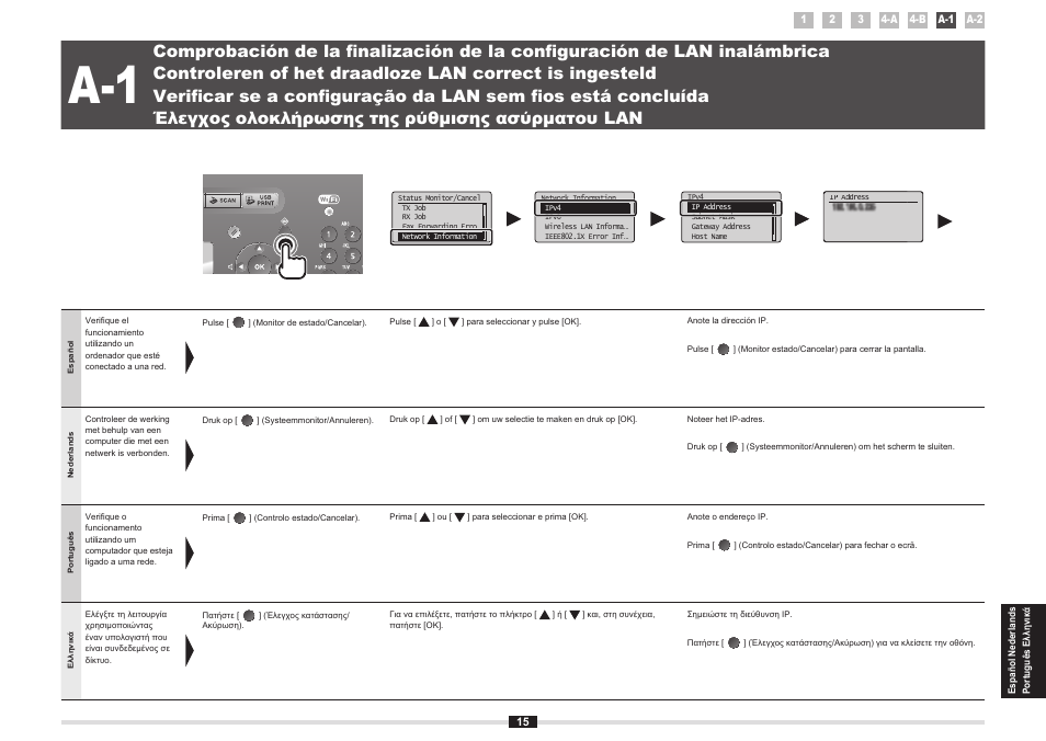 Ga naar “a-1 controleren of het, Draadloze lan correct is ingesteld, Avance para “a-1 verifi car se a | Confi guração da lan sem fi os está concluída, A-1 έλεγχος ολοκλήρωσης, Της ρύθμισης ασύρματου lan | Canon i-SENSYS MF8380Cdw User Manual | Page 123 / 128