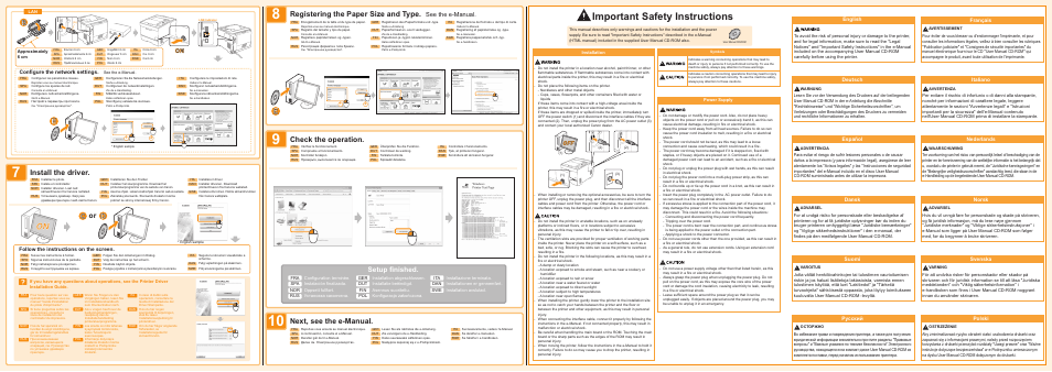 Important safety instructions, Setup finished, See the e-manual | English, Follow the instructions on the screen, Français, Deutsch, Italiano, Español, Nederlands | Canon i-SENSYS LBP7680Cx User Manual | Page 2 / 2