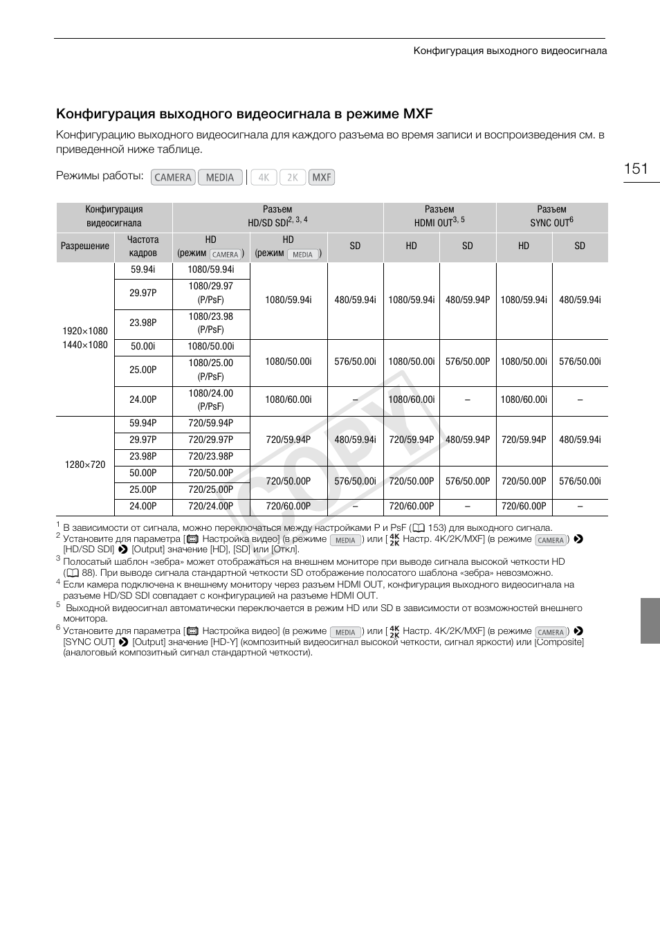 Конфигурация выходного видеосигнала в, Режиме mxf 151, Cop y | Конфигурация выходного видеосигнала в режиме mxf | Canon EOS C500 PL User Manual | Page 151 / 219