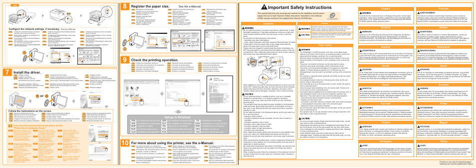 Important safety instructions, Setup is finished, See the e-manual | Follow the instructions on the screen, Configure the network settings, if necessary, English, Français, Deutsch, Italiano, Español | Canon i-SENSYS LBP6680x User Manual | Page 2 / 2