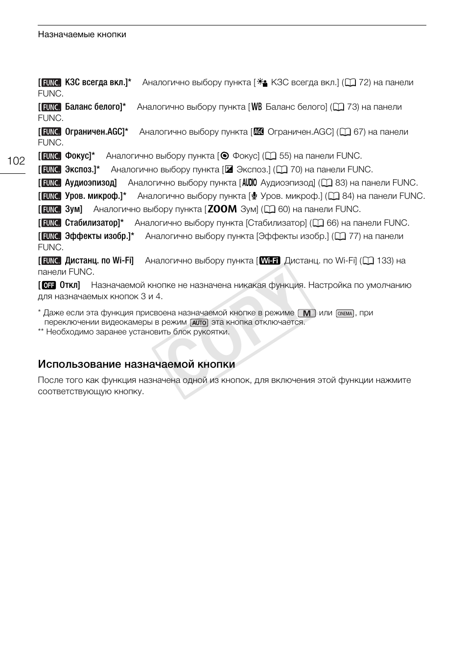 Использование назначаемой, Кнопки 102, Cop y | Canon XA25 User Manual | Page 102 / 199