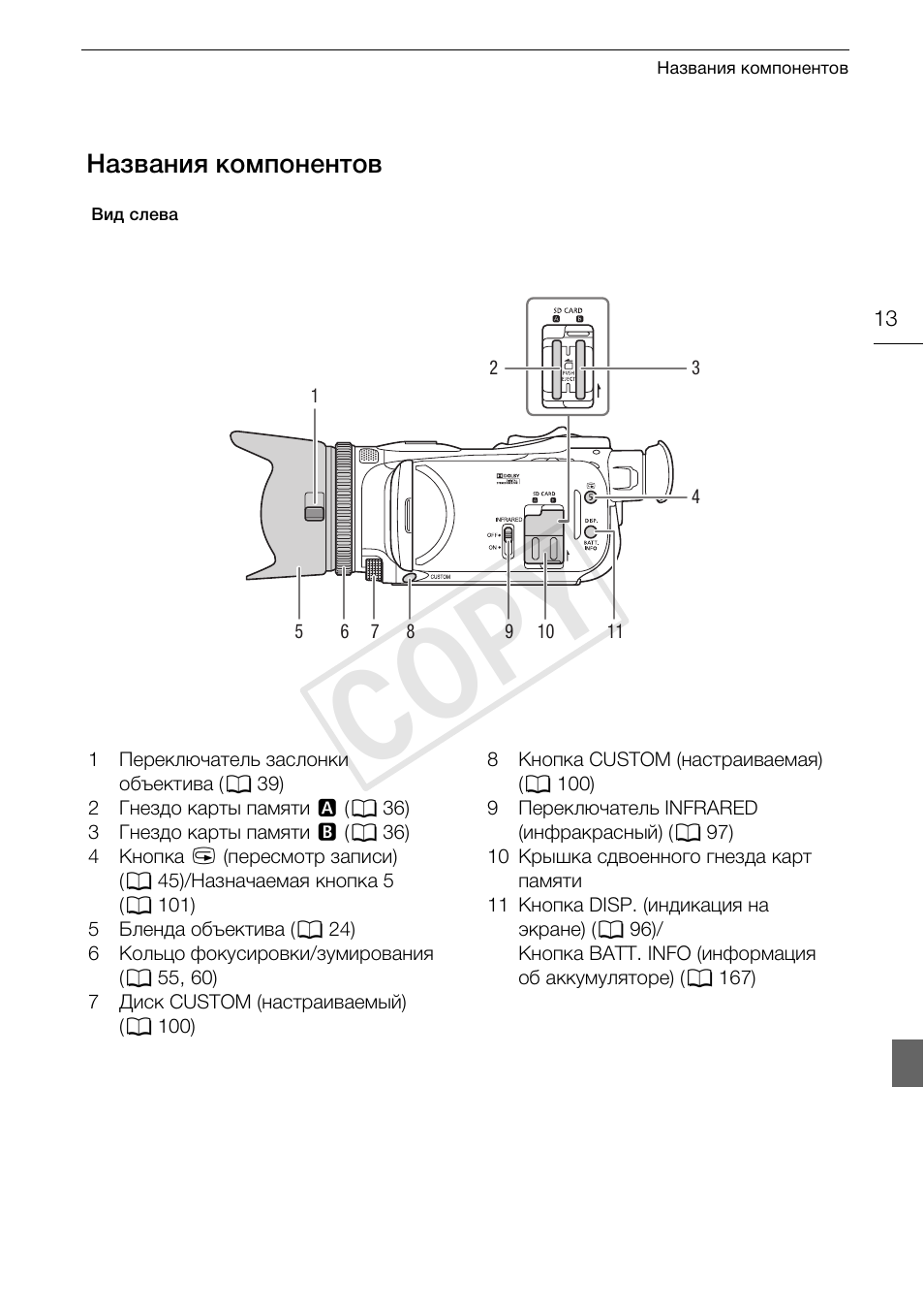 Названия компонентов 13, Cop y | Canon XA25 User Manual | Page 13 / 199