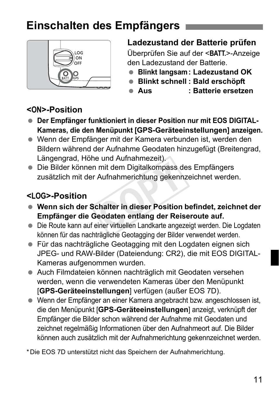 Cop y, Einschalten des empfängers | Canon GPS RECEIVER GP-E2 User Manual | Page 109 / 292