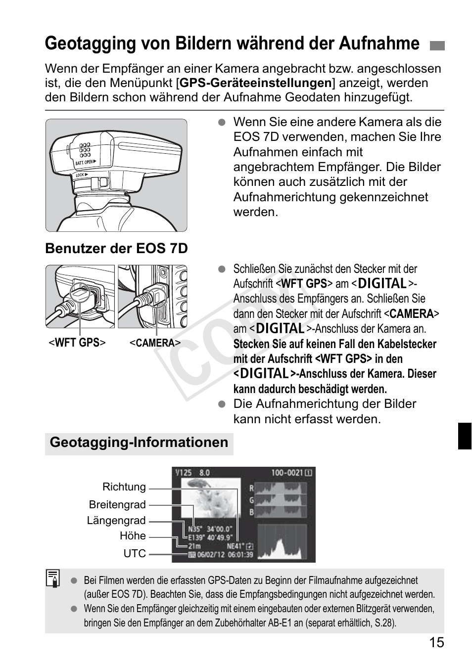 Cop y, Geotagging von bildern während der aufnahme | Canon GPS RECEIVER GP-E2 User Manual | Page 113 / 292