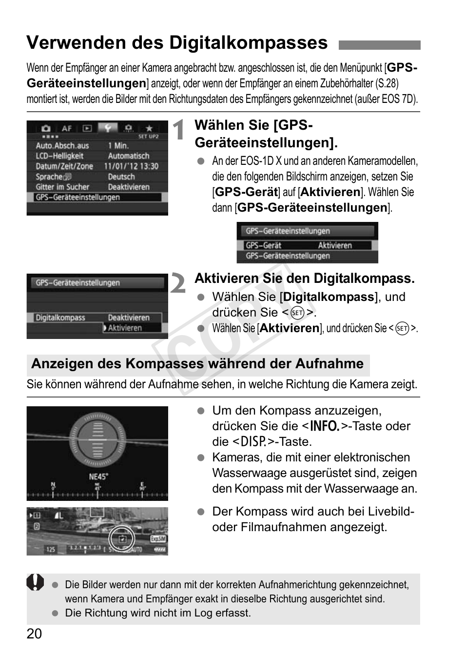 Cop y, Verwenden des digitalkompasses | Canon GPS RECEIVER GP-E2 User Manual | Page 118 / 292