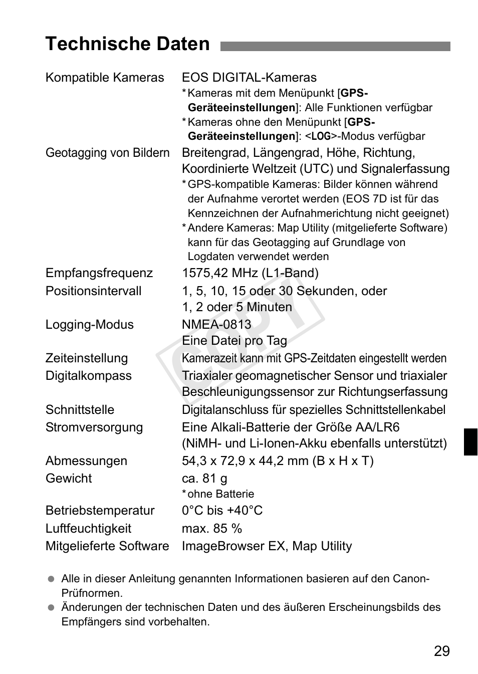 Cop y, Technische daten | Canon GPS RECEIVER GP-E2 User Manual | Page 127 / 292