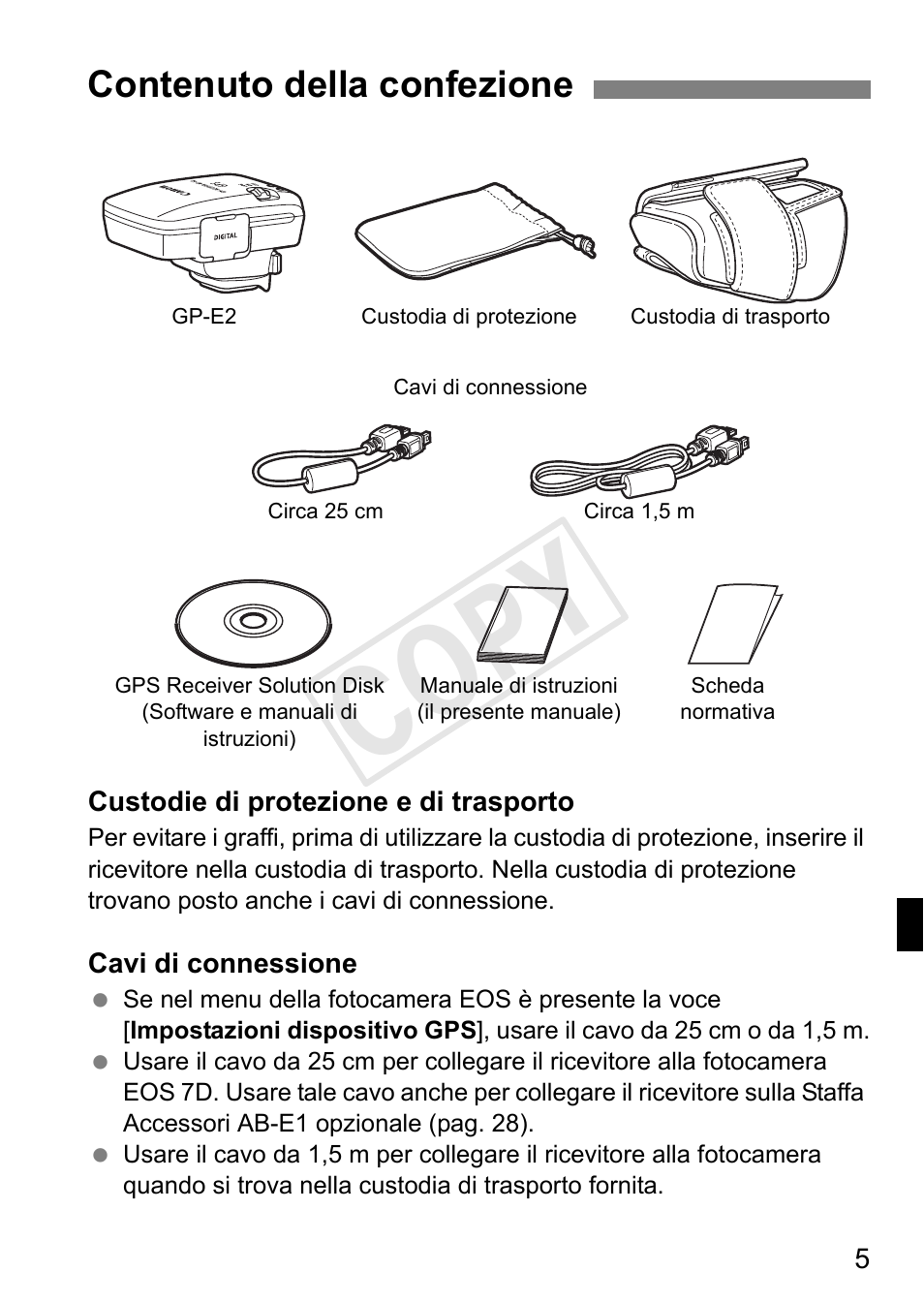 Cop y, Contenuto della confezione | Canon GPS RECEIVER GP-E2 User Manual | Page 135 / 292