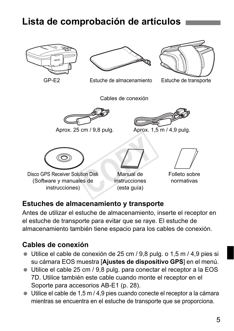Cop y, Lista de comprobación de artículos | Canon GPS RECEIVER GP-E2 User Manual | Page 167 / 292