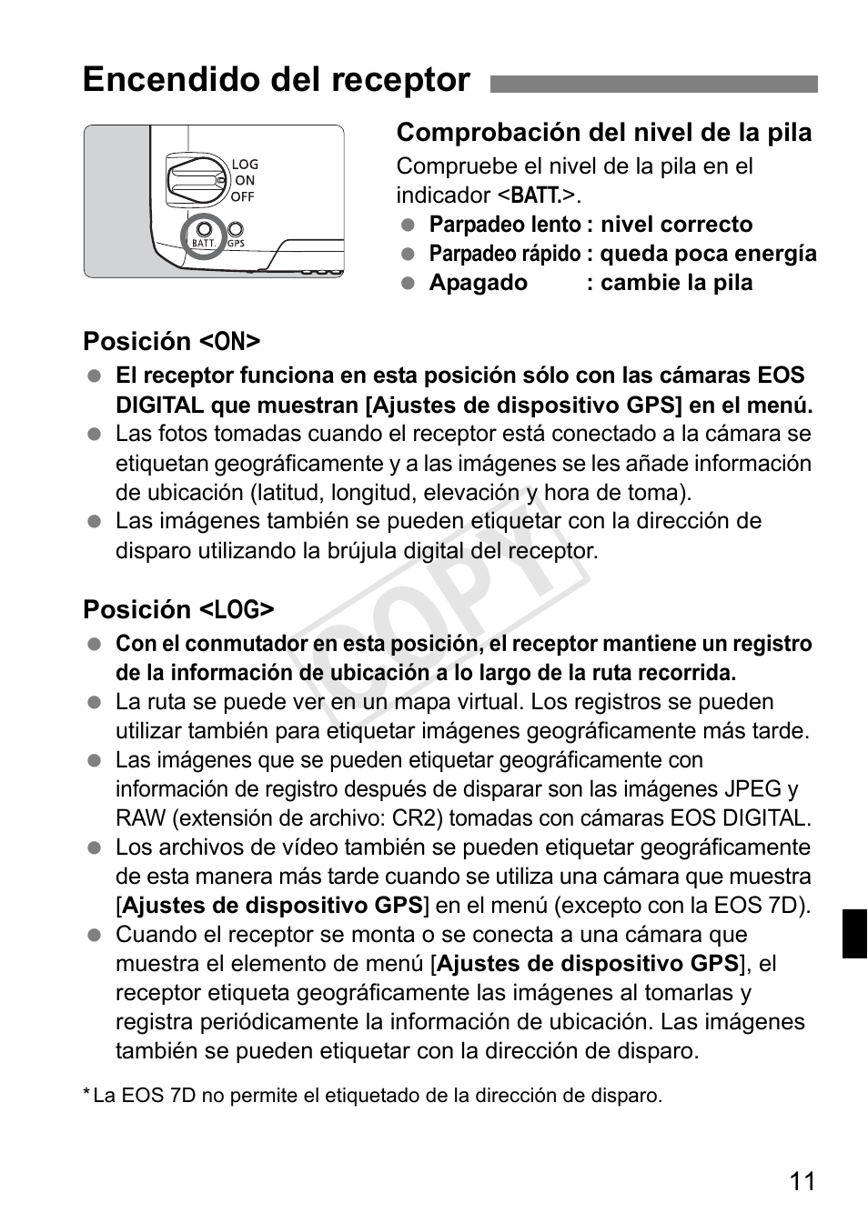 Cop y, Encendido del receptor | Canon GPS RECEIVER GP-E2 User Manual | Page 173 / 292