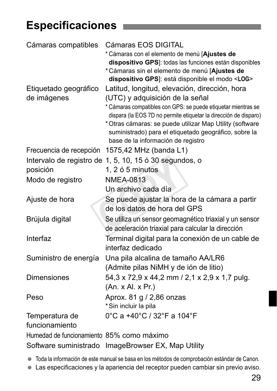 Cop y, Especificaciones | Canon GPS RECEIVER GP-E2 User Manual | Page 191 / 292