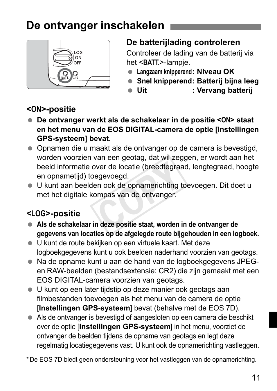 Cop y, De ontvanger inschakelen | Canon GPS RECEIVER GP-E2 User Manual | Page 205 / 292