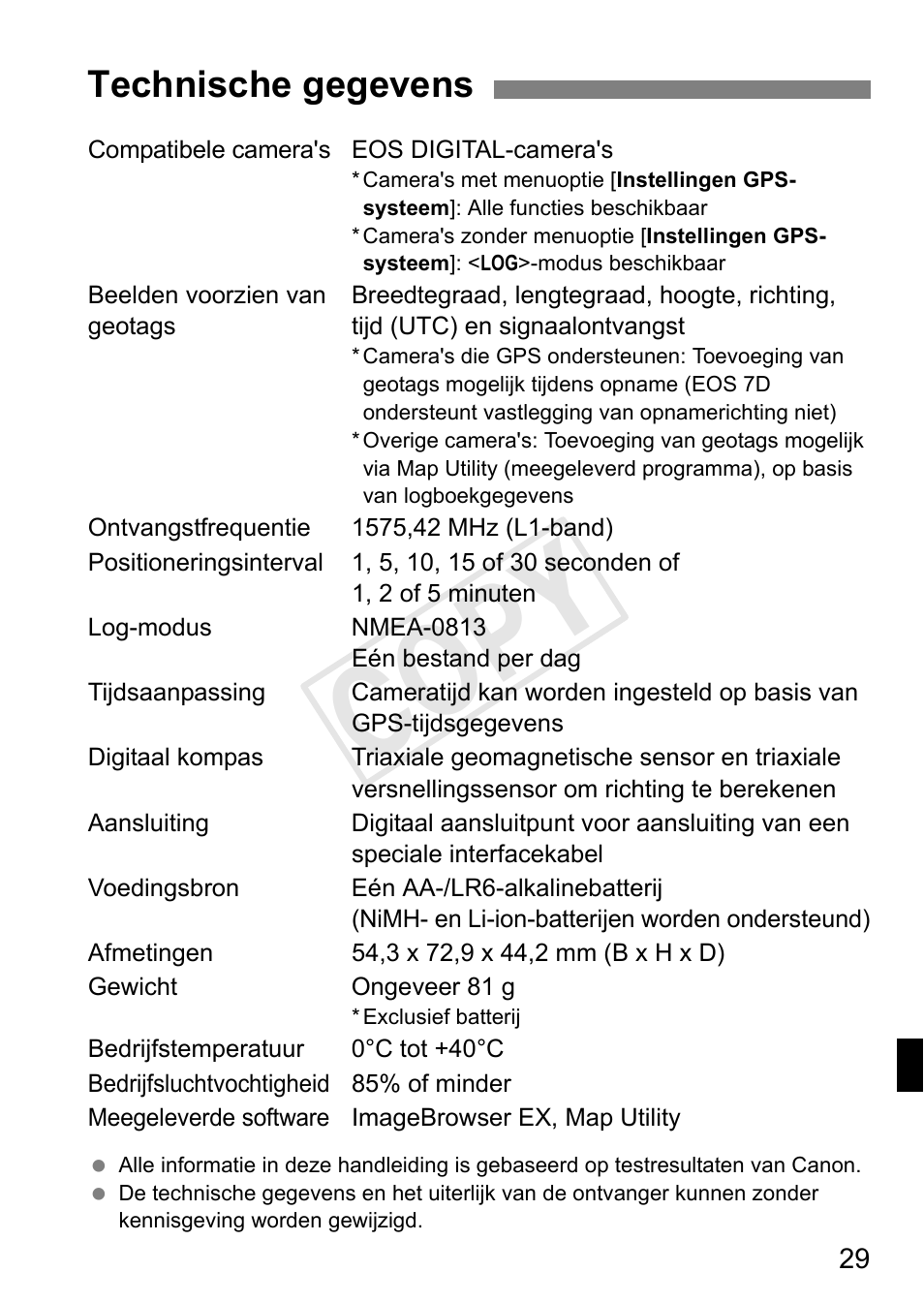 Cop y, Technische gegevens | Canon GPS RECEIVER GP-E2 User Manual | Page 223 / 292