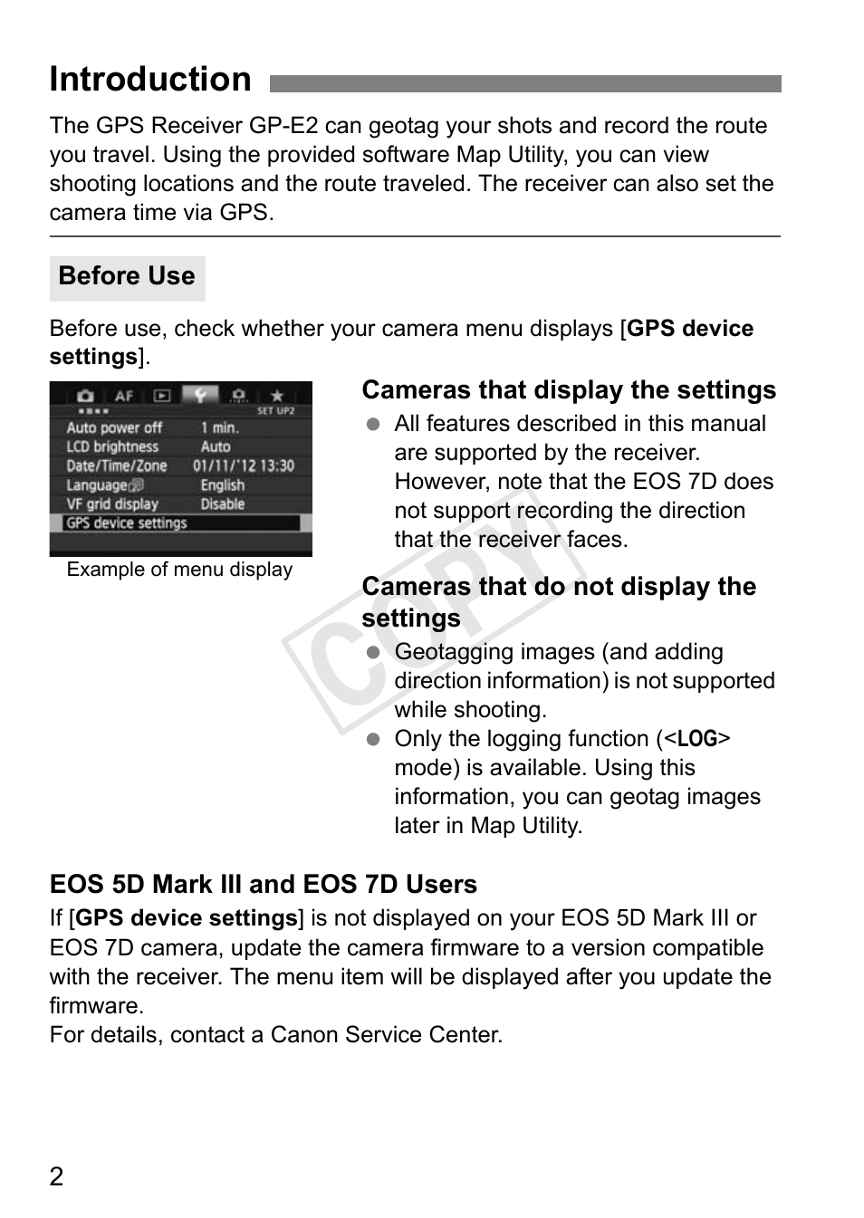 Cop y | Canon GPS RECEIVER GP-E2 User Manual | Page 36 / 292