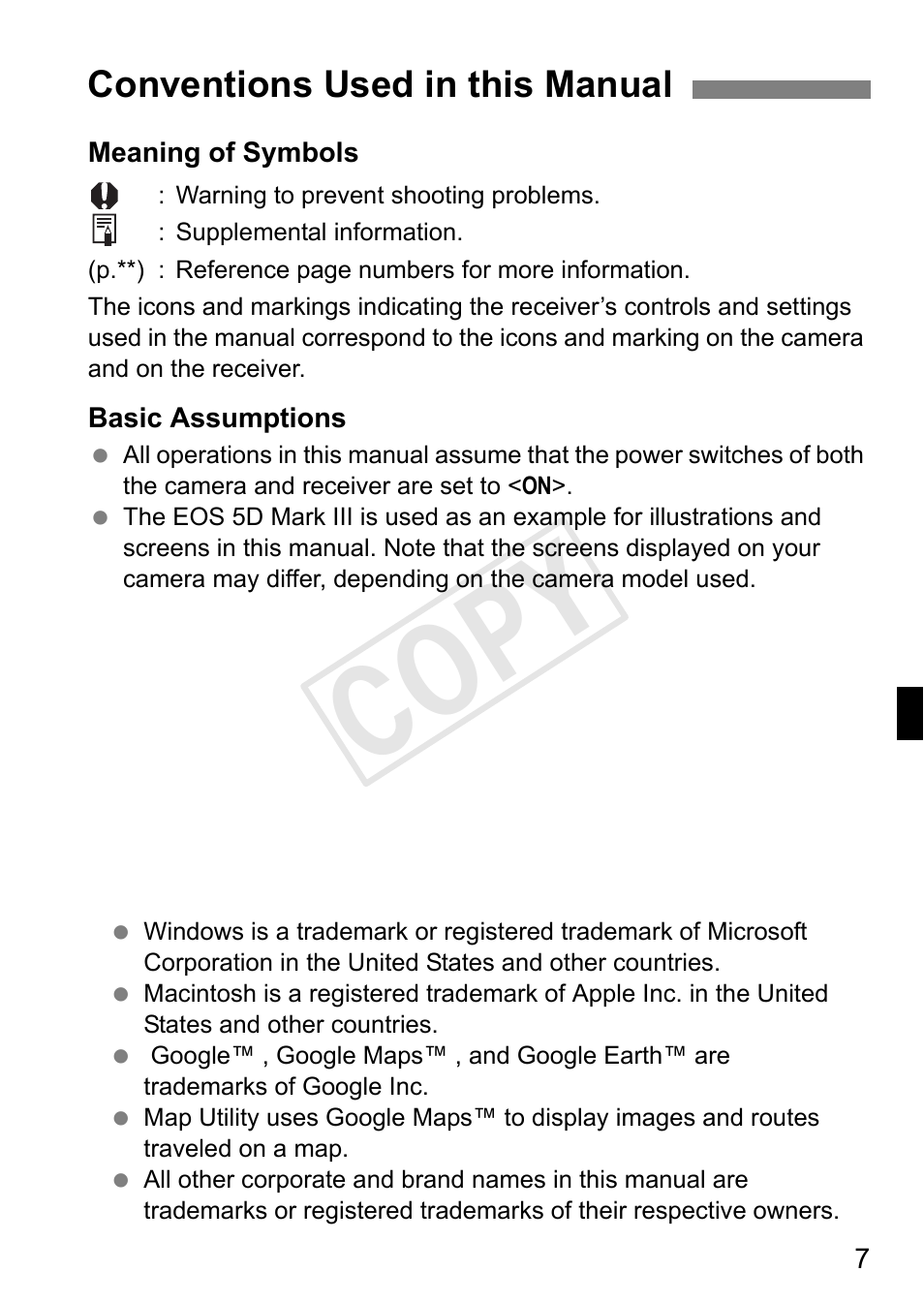 Cop y, Conventions used in this manual | Canon GPS RECEIVER GP-E2 User Manual | Page 41 / 292