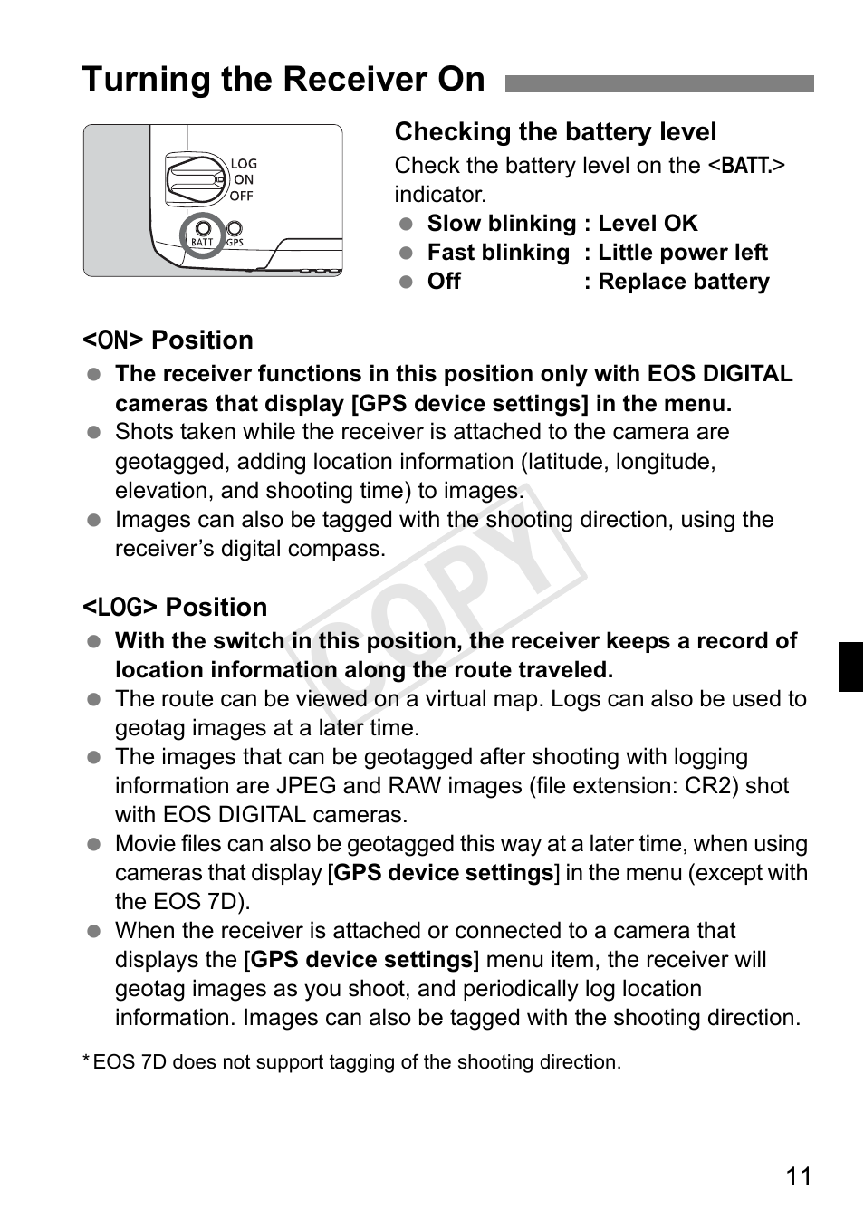 Cop y, Turning the receiver on | Canon GPS RECEIVER GP-E2 User Manual | Page 45 / 292