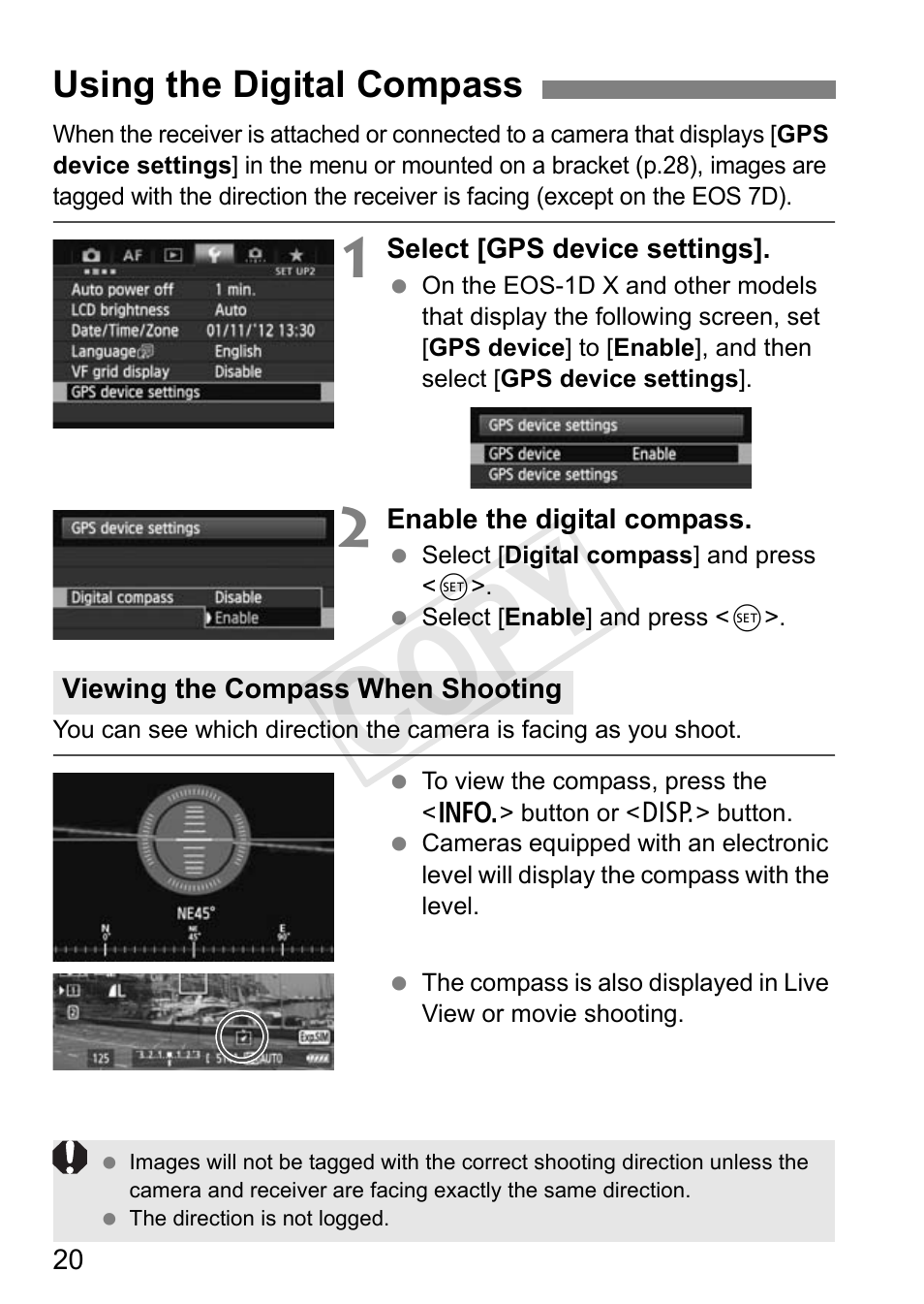 Cop y, Using the digital compass | Canon GPS RECEIVER GP-E2 User Manual | Page 54 / 292