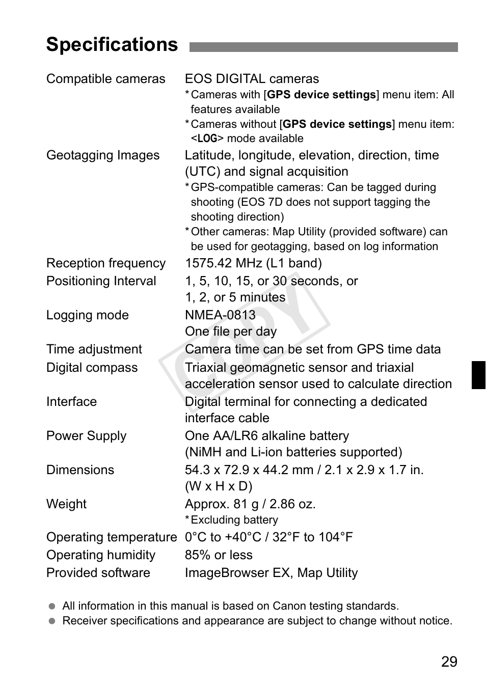 Cop y, Specifications | Canon GPS RECEIVER GP-E2 User Manual | Page 63 / 292