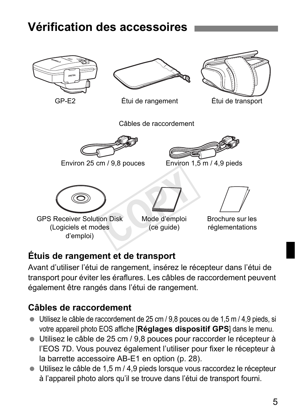 Cop y, Vérification des accessoires | Canon GPS RECEIVER GP-E2 User Manual | Page 71 / 292
