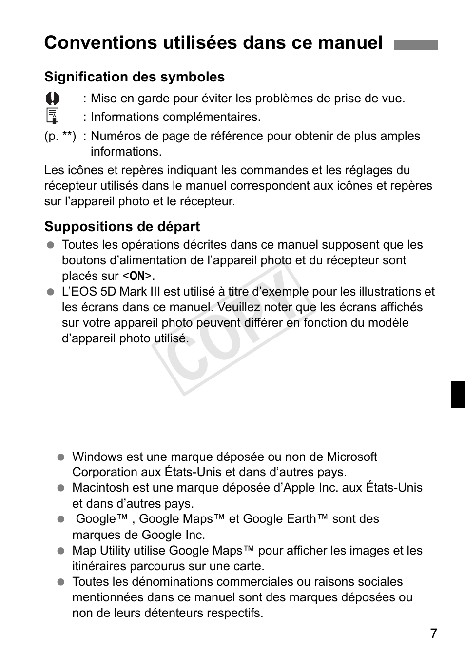 Cop y, Conventions utilisées dans ce manuel | Canon GPS RECEIVER GP-E2 User Manual | Page 73 / 292