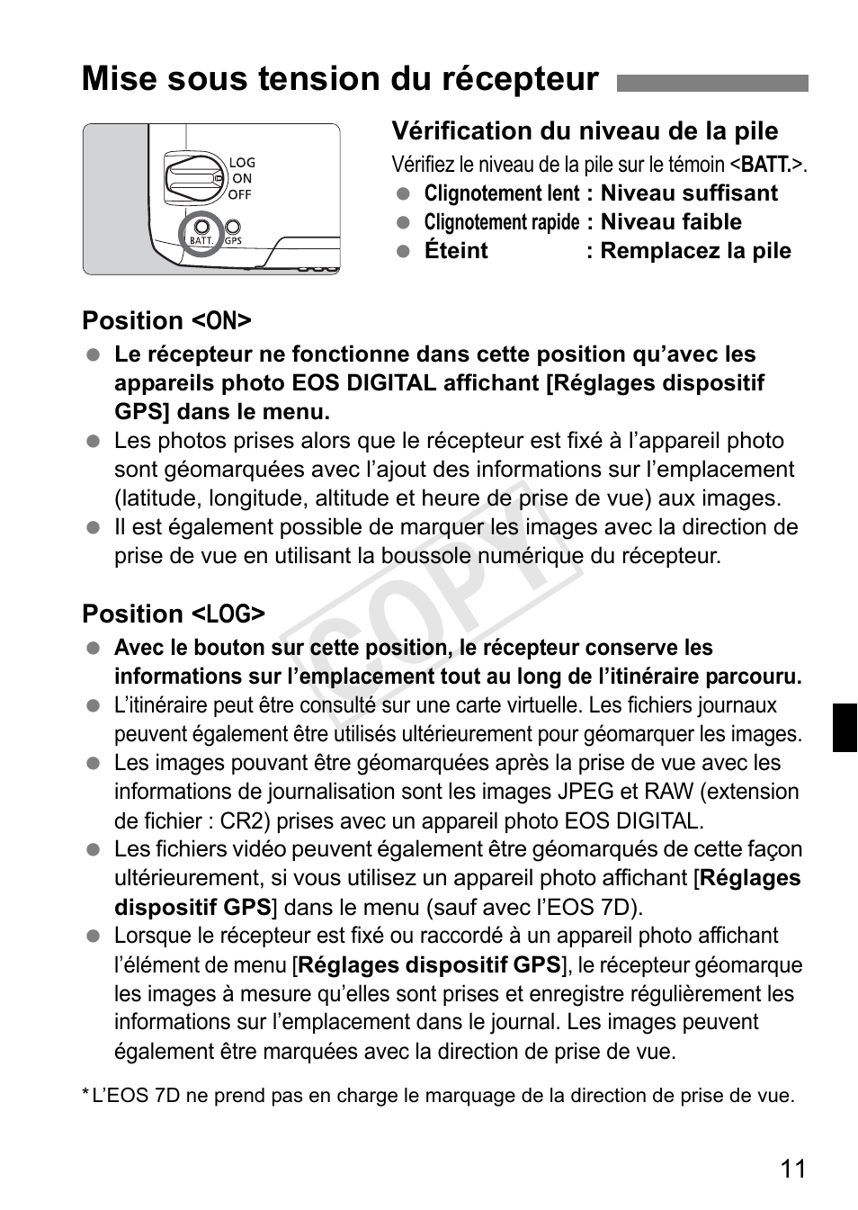 Cop y, Mise sous tension du récepteur | Canon GPS RECEIVER GP-E2 User Manual | Page 77 / 292