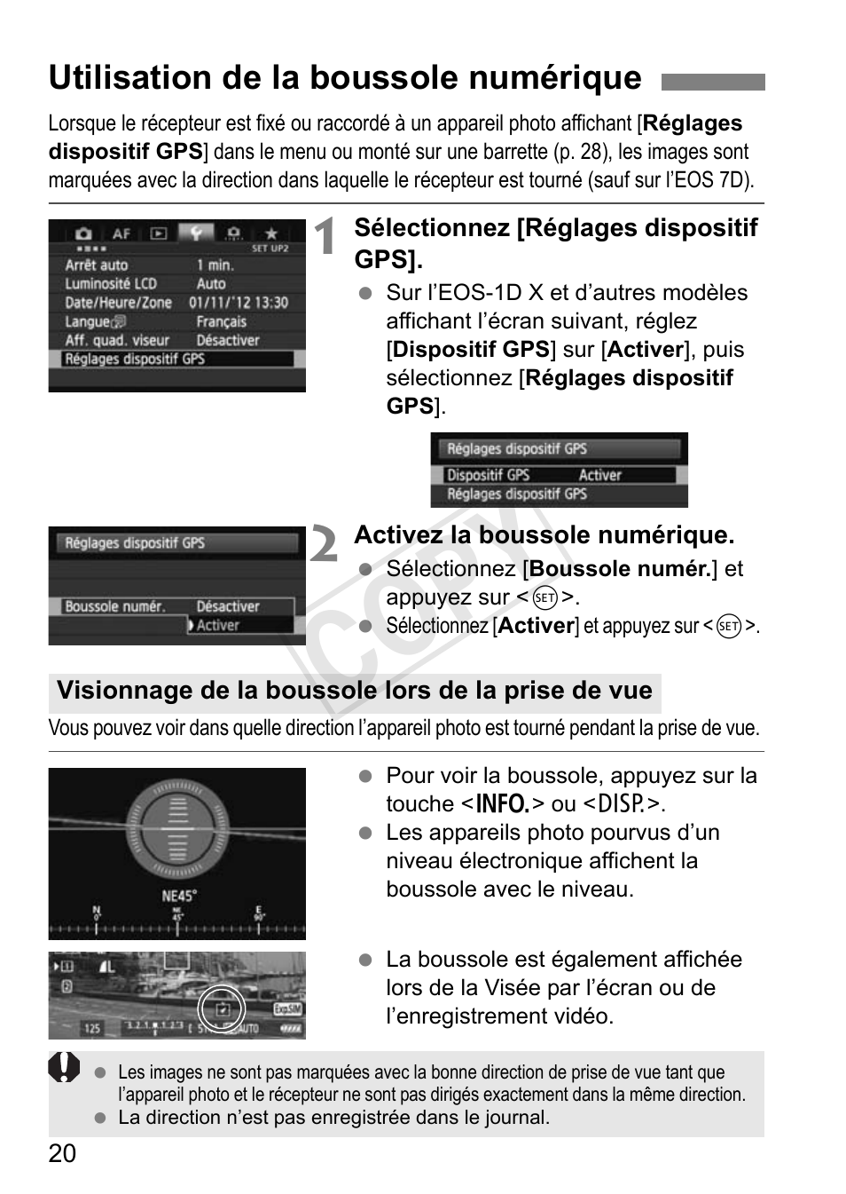 Cop y, Utilisation de la boussole numérique | Canon GPS RECEIVER GP-E2 User Manual | Page 86 / 292