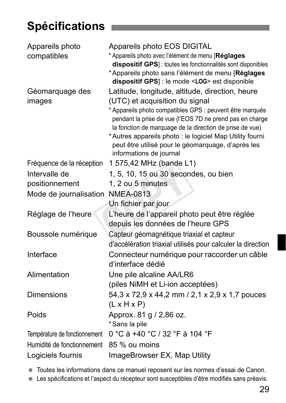 Cop y, Spécifications | Canon GPS RECEIVER GP-E2 User Manual | Page 95 / 292