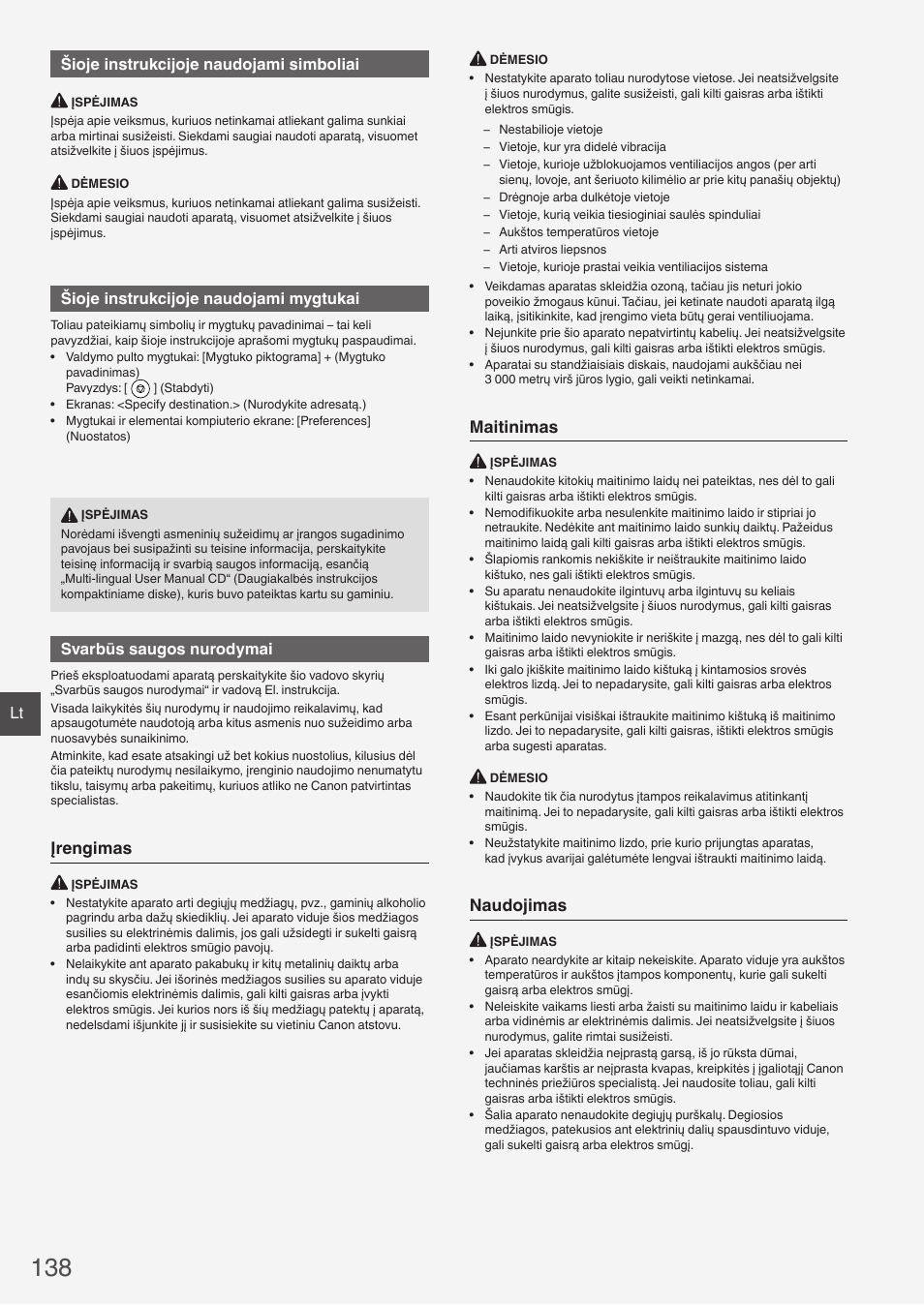 Įrengimas, Maitinimas, Naudojimas | Lt šioje instrukcijoje naudojami simboliai, Šioje instrukcijoje naudojami mygtukai, Svarbūs saugos nurodymai | Canon i-SENSYS FAX-L410 User Manual | Page 138 / 236