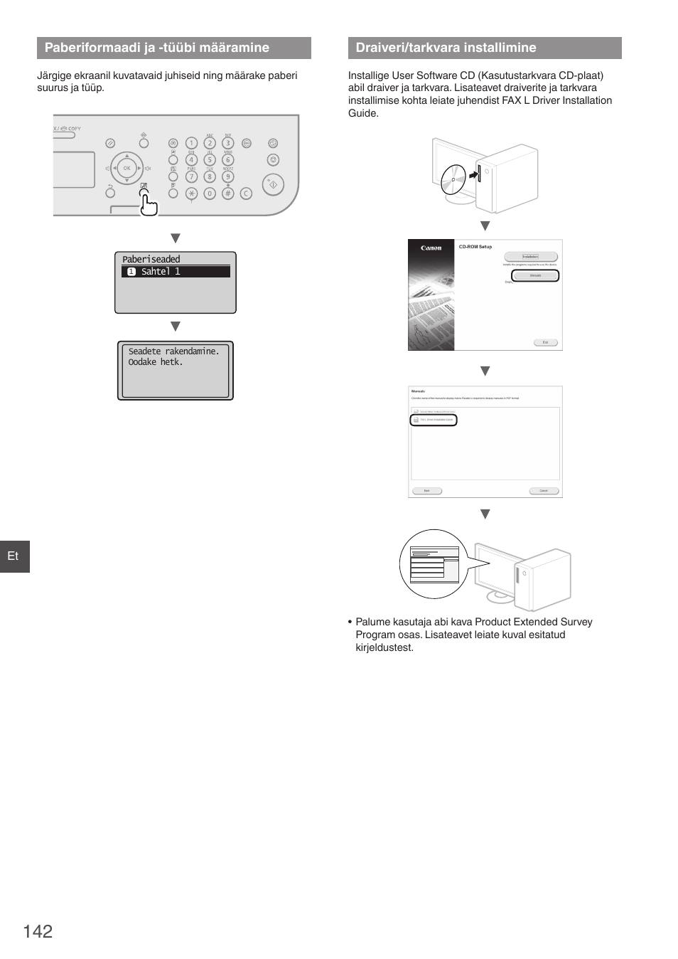 Paberiformaadi ja -tüübi määramine, Draiveri/tarkvara installimine | Canon i-SENSYS FAX-L410 User Manual | Page 142 / 236