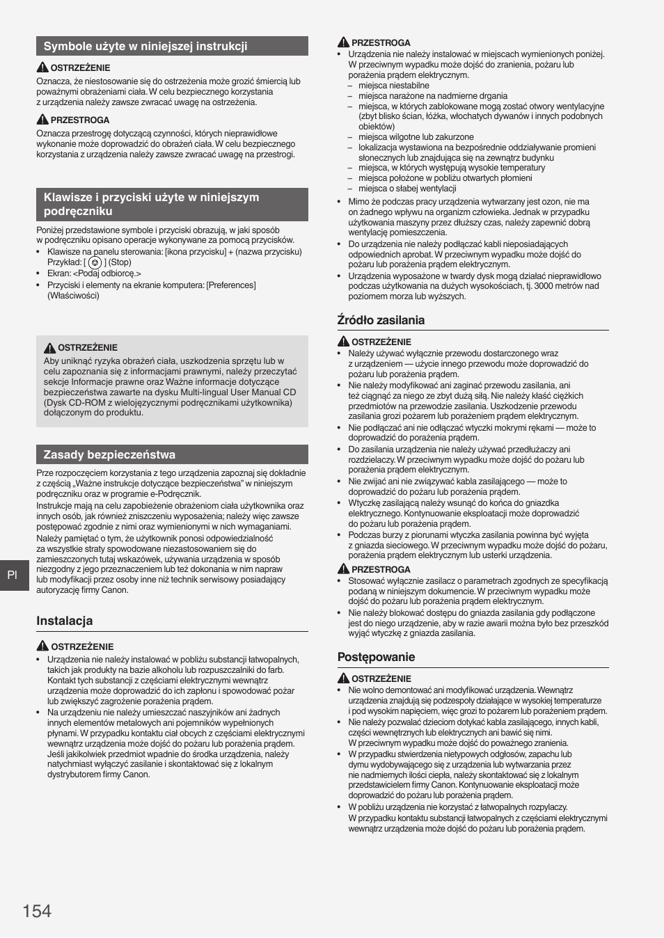 Instalacja, Źródło zasilania, Postępowanie | Pl symbole użyte w niniejszej instrukcji, Zasady bezpieczeństwa | Canon i-SENSYS FAX-L410 User Manual | Page 154 / 236