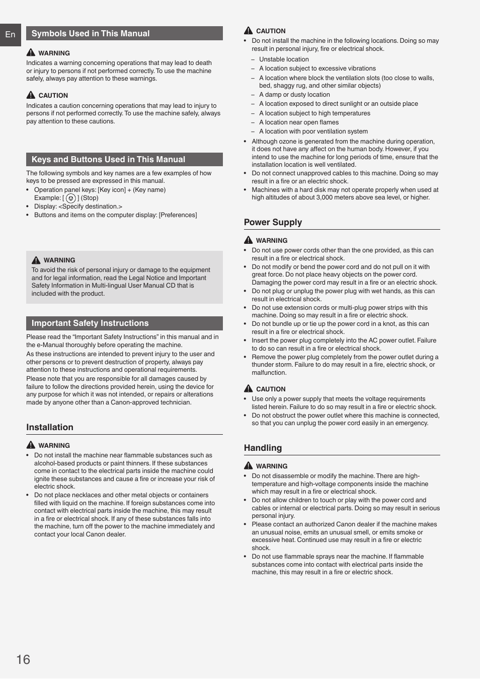 Installation, Power supply, Handling | En symbols used in this manual, Keys and buttons used in this manual, Important safety instructions | Canon i-SENSYS FAX-L410 User Manual | Page 16 / 236