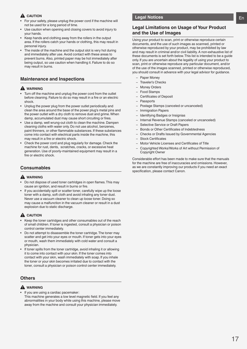 Maintenance and inspections, Consumables, Others | Legal notices | Canon i-SENSYS FAX-L410 User Manual | Page 17 / 236