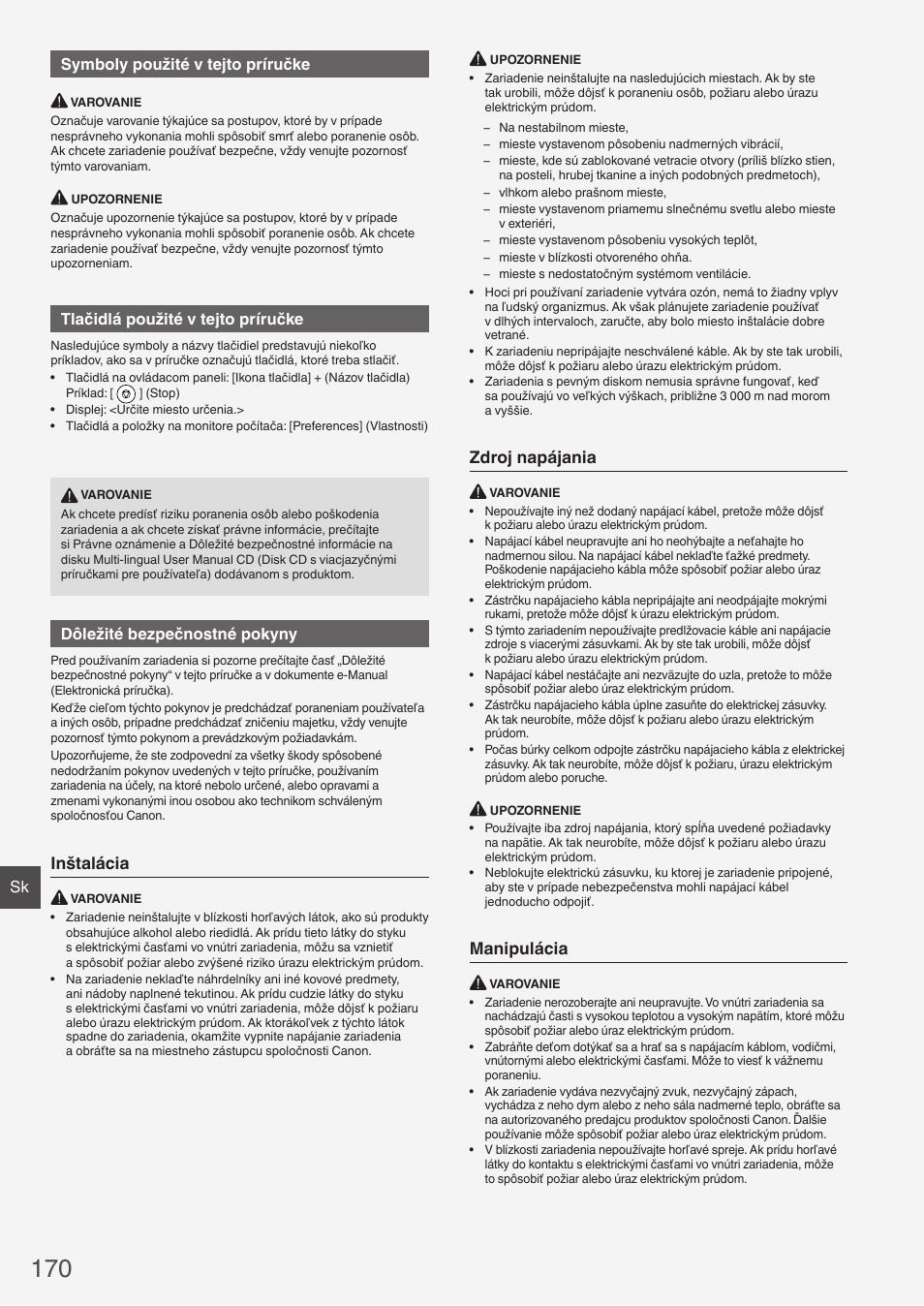 Inštalácia, Zdroj napájania, Manipulácia | Sk symboly použité v tejto príručke, Tlačidlá použité v tejto príručke, Dôležité bezpečnostné pokyny | Canon i-SENSYS FAX-L410 User Manual | Page 170 / 236