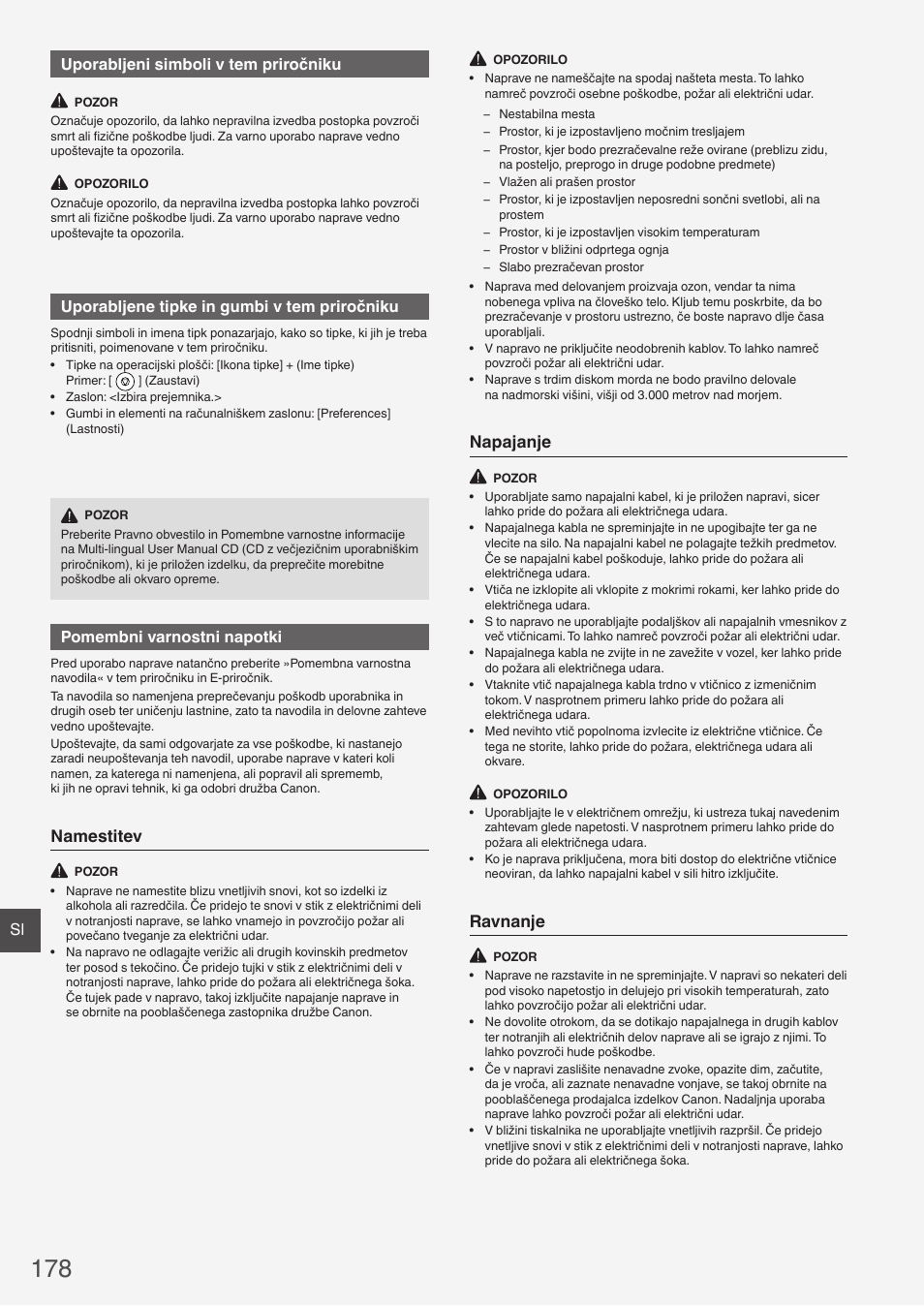 Namestitev, Napajanje, Ravnanje | Sl uporabljeni simboli v tem priročniku, Uporabljene tipke in gumbi v tem priročniku, Pomembni varnostni napotki | Canon i-SENSYS FAX-L410 User Manual | Page 178 / 236