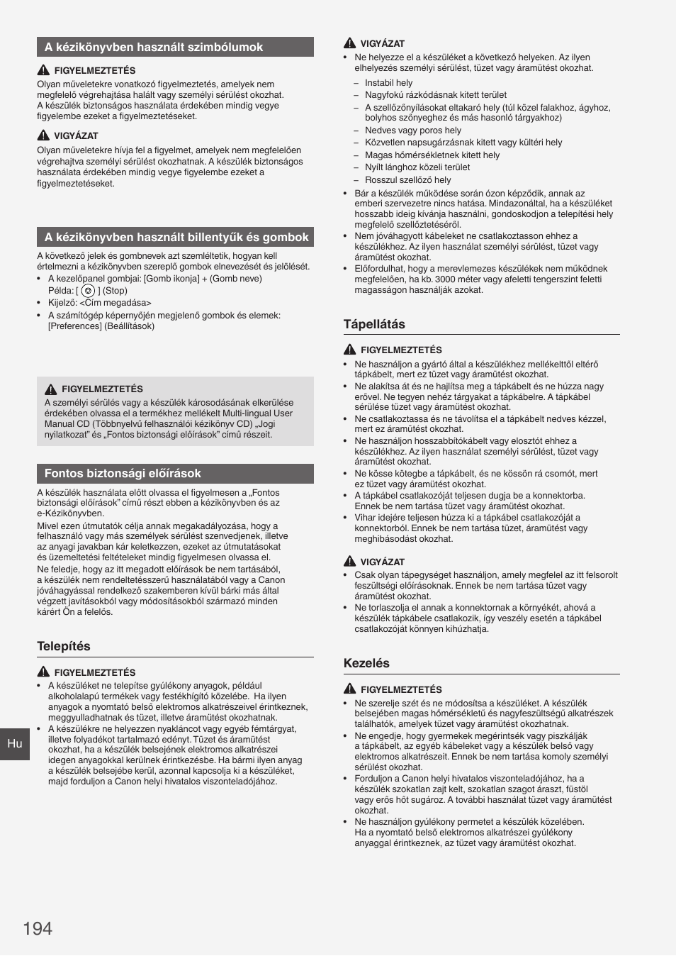Telepítés, Tápellátás, Kezelés | Hu a kézikönyvben használt szimbólumok, A kézikönyvben használt billentyűk és gombok, Fontos biztonsági előírások | Canon i-SENSYS FAX-L410 User Manual | Page 194 / 236