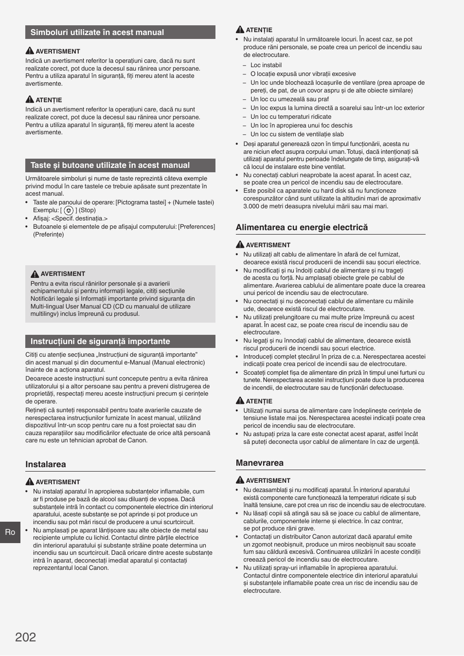 Instalarea, Alimentarea cu energie electrică, Manevrarea | Ro simboluri utilizate în acest manual, Taste şi butoane utilizate în acest manual, Instrucţiuni de siguranţă importante | Canon i-SENSYS FAX-L410 User Manual | Page 202 / 236