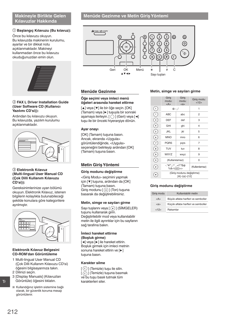 Makineyle birlikte gelen kılavuzlar, Hakkında, Menüde gezinme ve metin giriş | Yöntemi, Makineyle birlikte gelen kılavuzlar hakkında, Menüde gezinme ve metin giriş yöntemi, Menüde gezinme, Metin giriş yöntemi | Canon i-SENSYS FAX-L410 User Manual | Page 212 / 236