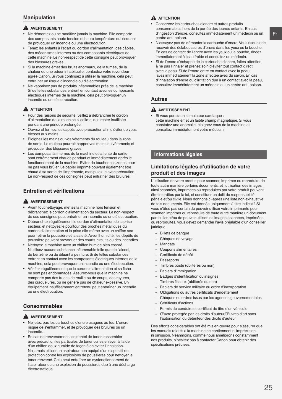 Manipulation, Entretien et vérifications, Consommables | Autres, Informations légales | Canon i-SENSYS FAX-L410 User Manual | Page 25 / 236