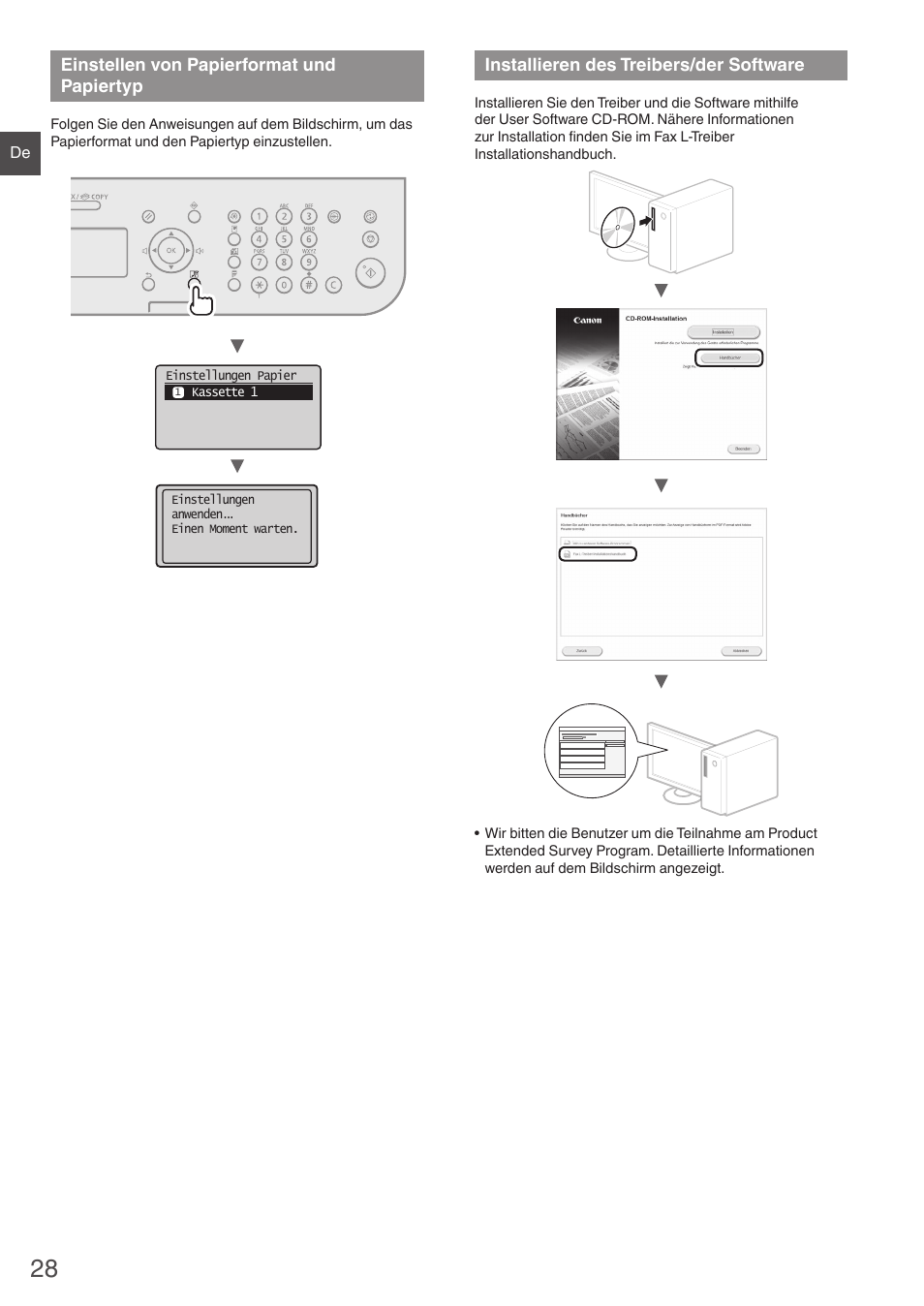 Einstellen von papierformat, Und papiertyp, Installieren des treibers/der software | Canon i-SENSYS FAX-L410 User Manual | Page 28 / 236