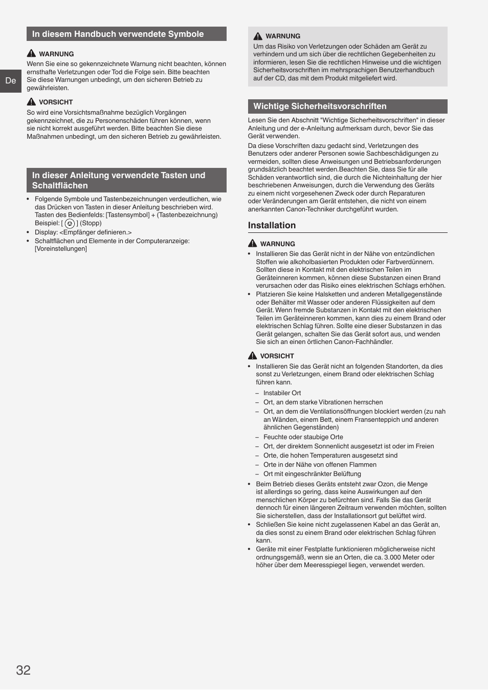 Installation, De in diesem handbuch verwendete symbole, Wichtige sicherheitsvorschriften | Canon i-SENSYS FAX-L410 User Manual | Page 32 / 236