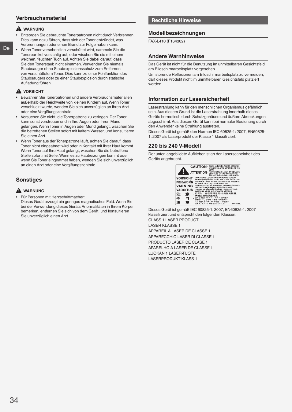 Verbrauchsmaterial, Sonstiges, Modellbezeichnungen | Andere warnhinweise, Information zur lasersicherheit | Canon i-SENSYS FAX-L410 User Manual | Page 34 / 236