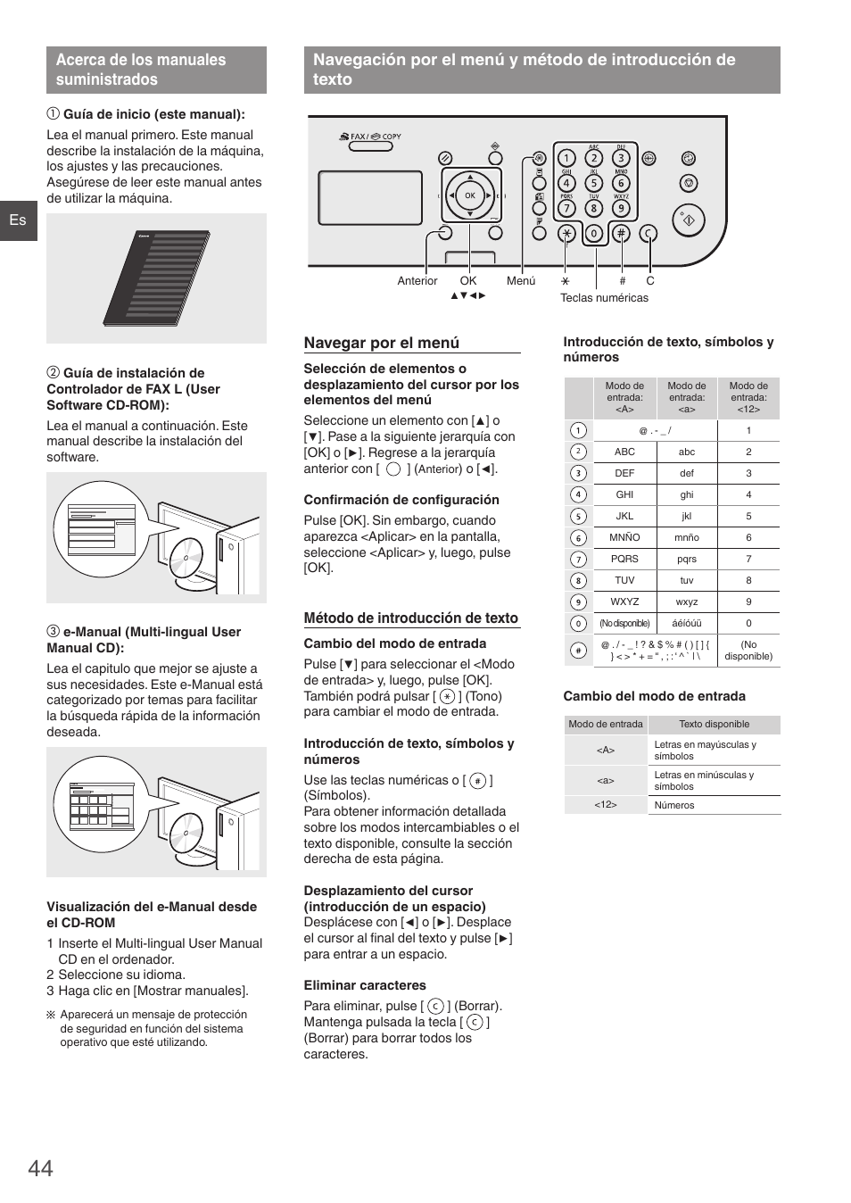 Acerca de los manuales suministrados, Navegación por el menú y método de, Introducción de texto | Navegar por el menú | Canon i-SENSYS FAX-L410 User Manual | Page 44 / 236