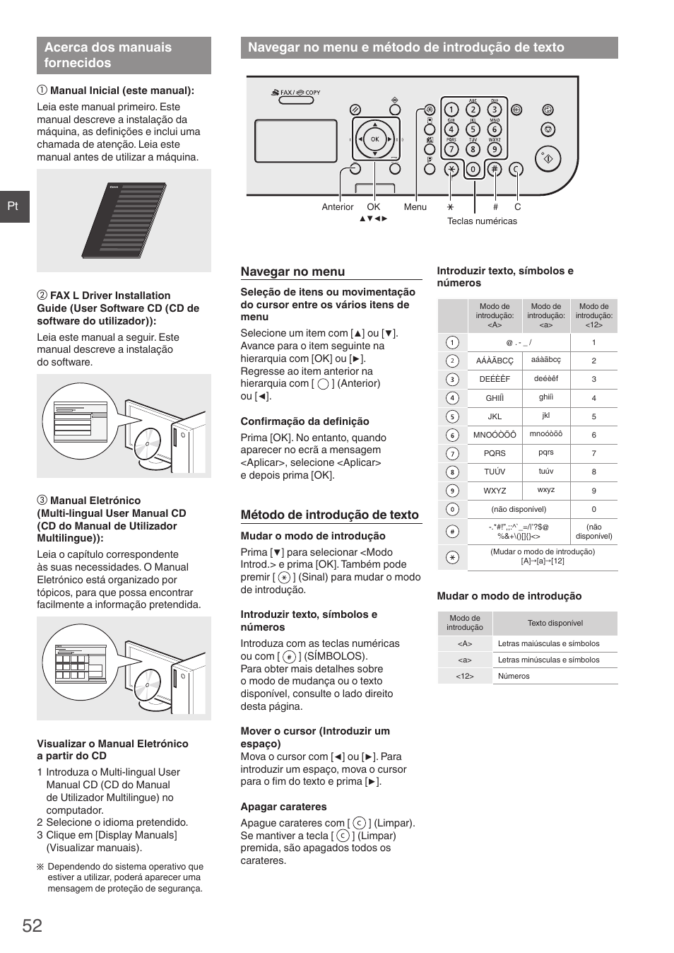 Acerca dos manuais fornecidos, Navegar no menu e método, De introdução de texto | Navegar no menu e método de introdução de texto, Navegar no menu, Método de introdução de texto | Canon i-SENSYS FAX-L410 User Manual | Page 52 / 236