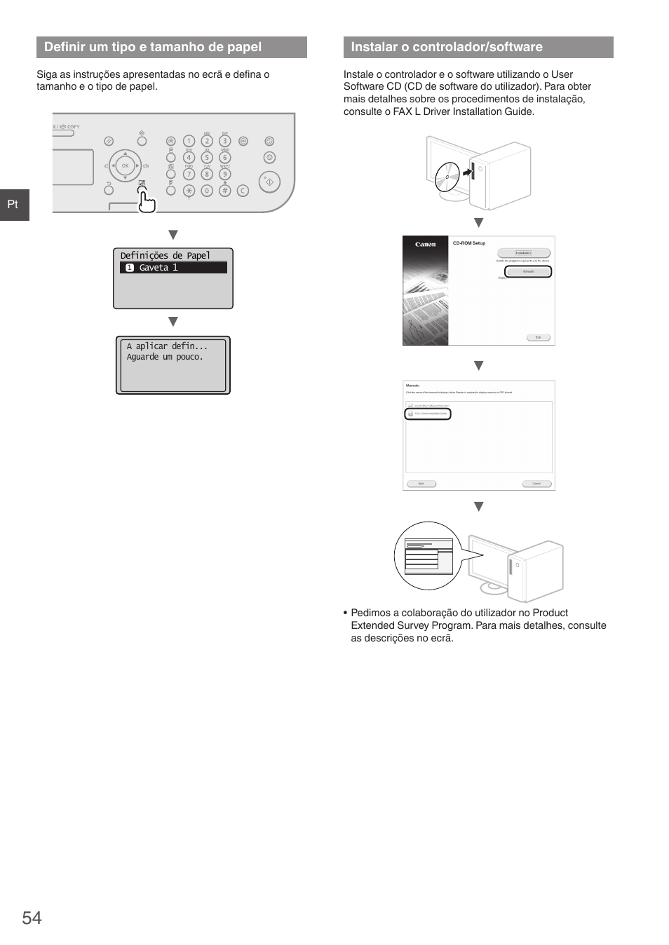 Definir um tipo e tamanho de papel, Instalar o controlador/software | Canon i-SENSYS FAX-L410 User Manual | Page 54 / 236