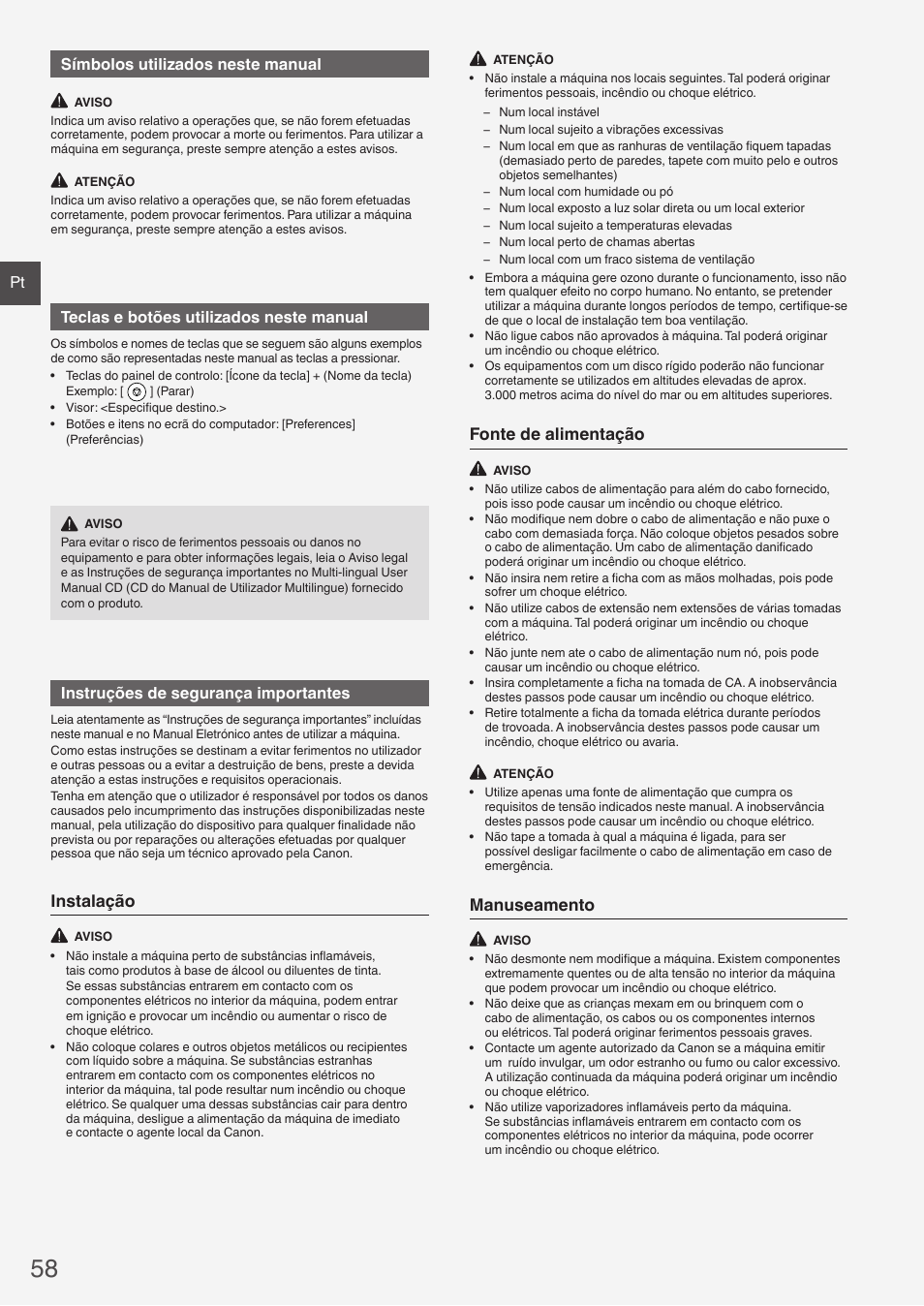 Instalação, Fonte de alimentação, Manuseamento | Pt símbolos utilizados neste manual, Teclas e botões utilizados neste manual, Instruções de segurança importantes | Canon i-SENSYS FAX-L410 User Manual | Page 58 / 236