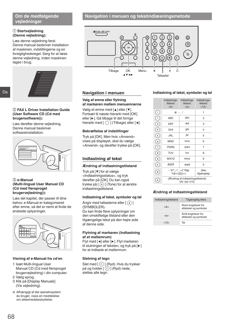 Om de medfølgende vejledninger, Navigation i menuen og, Tekstindlæsningsmetode | Navigation i menuen og tekstindlæsningsmetode, Navigation i menuen, Indtastning af tekst | Canon i-SENSYS FAX-L410 User Manual | Page 68 / 236