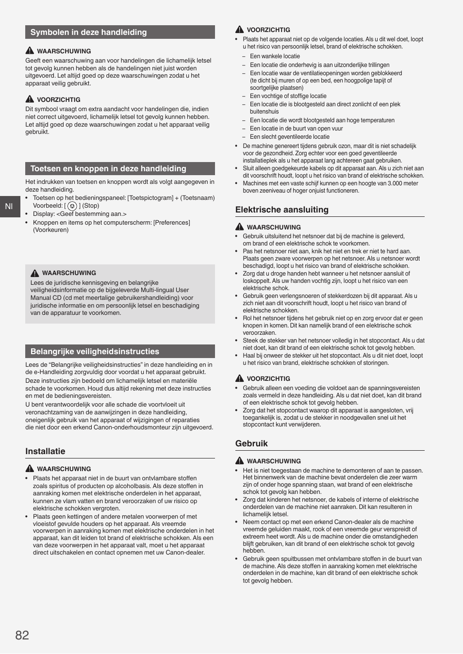 Installatie, Elektrische aansluiting, Gebruik | Nl symbolen in deze handleiding, Toetsen en knoppen in deze handleiding, Belangrijke veiligheidsinstructies | Canon i-SENSYS FAX-L410 User Manual | Page 82 / 236